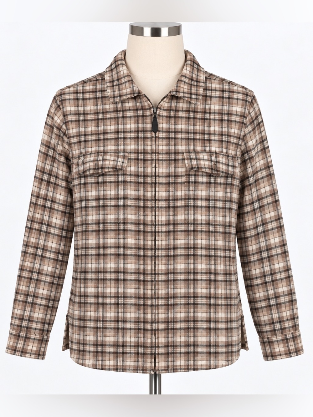 classic elements petite brown plaid cotton zip front shirt jacket size medium P
